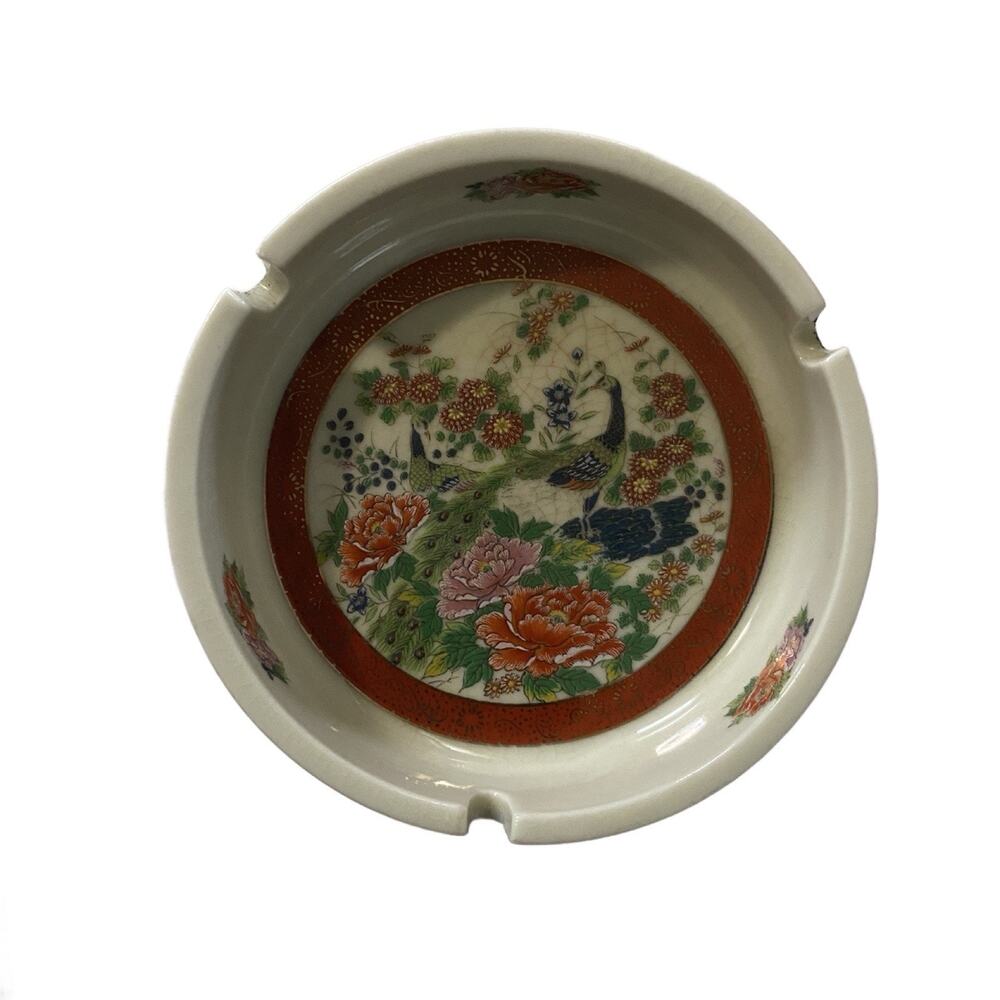 Japan Satsuma Ashtray Metallic Gold Leaf With Peacocks Vintage Decor 4.5"